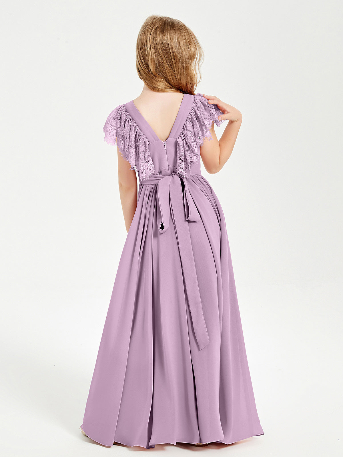 Chiffon Junior Bridesmaid Dresses with Lace Flutter Sleeves Wisteria